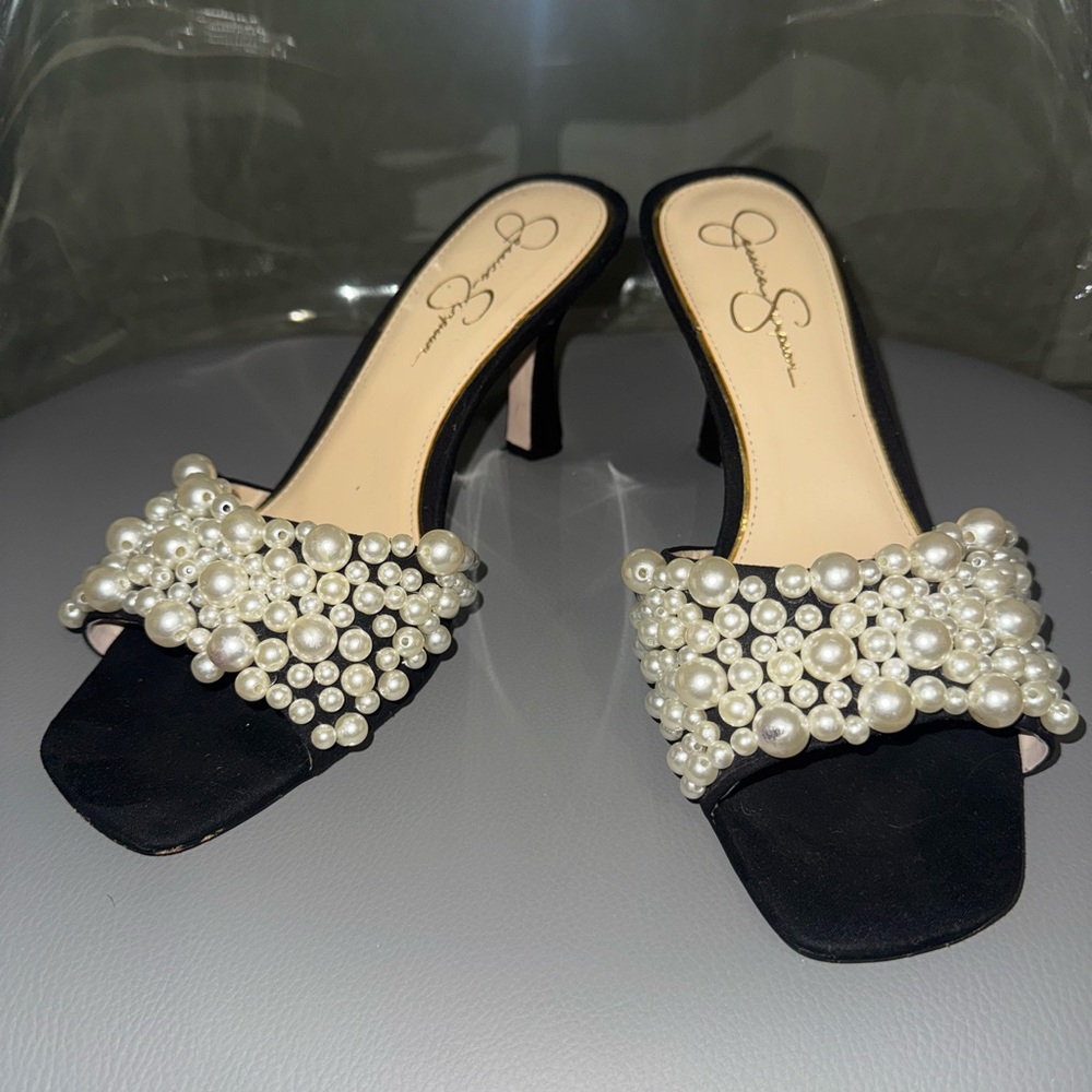 Elegant Black Pearl Embellished Heels